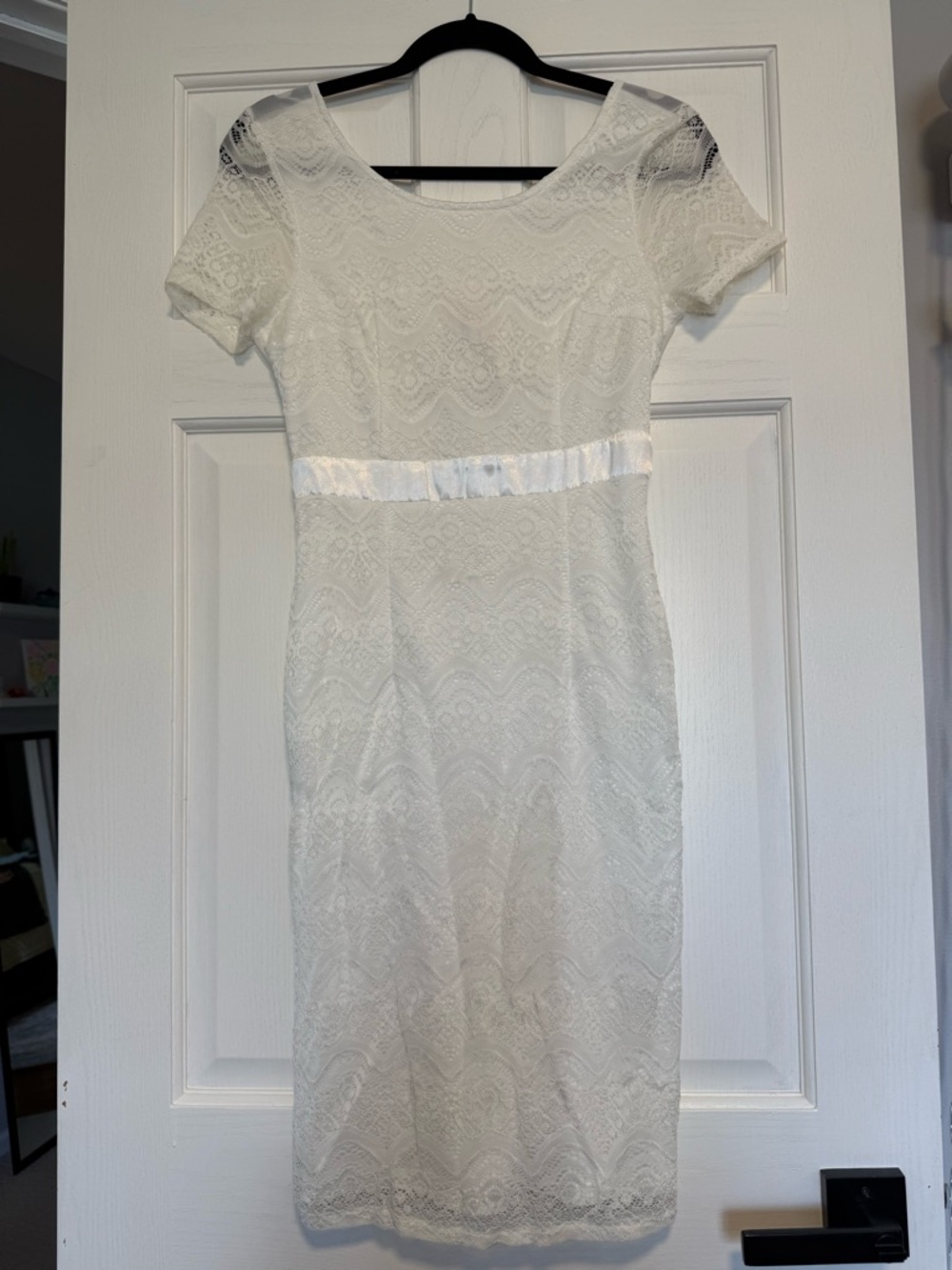 Ivory Lace Midi Dress with Ribbon Waist